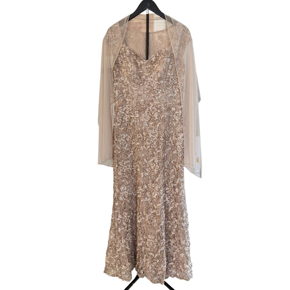 Alex Evenings Womens 10 Champagne Soutache Sequin Lace Formal Gown Shawl